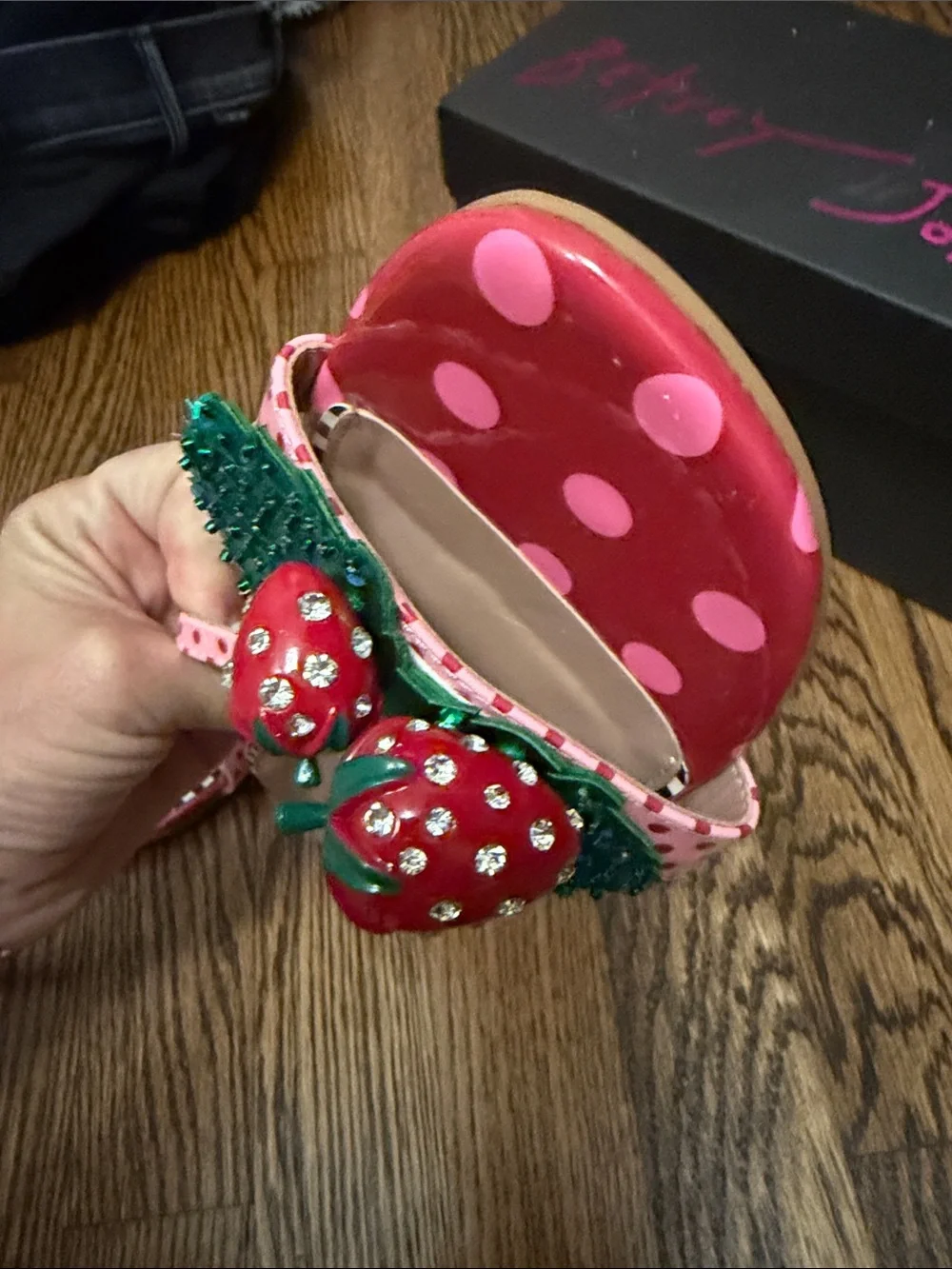 Betsey Johnson Pink Polka Dot Sandals with Red Strawberry Embellishments